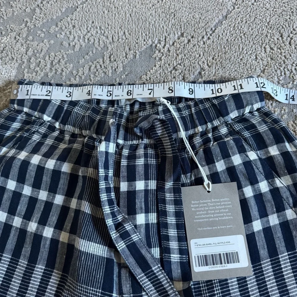 Everlane Plaid Linen Barrel Pant pull on checker navy white academia XXS new